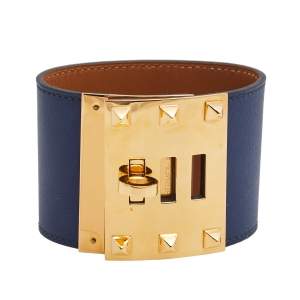 Hermès Blue Leather Gold Plated Kelly Dog Extrême Bracelet S