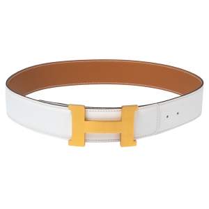 Pre Owned Hermes Blanc/Gold Epsom And Swift Leather Reversible Constance Belt 80 CM