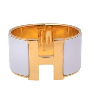 Hermès Clic Clac H Extra Wide White Enamel Gold Plated Bracelet PM