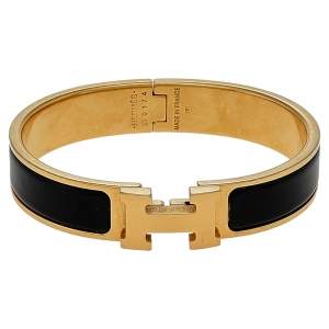 Pre Owned Hermes Clic H Black Enamel Gold Plated Narrow Bracelet PM