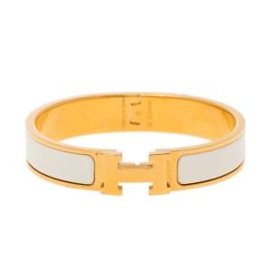 Pre Owned Hermes Clic H Gold Plate White Enamel Cuff Bracelet PM