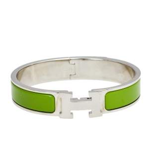 Pre Owned Hermès Clic H Green Enamel Palladium Plated Narrow Bracelet