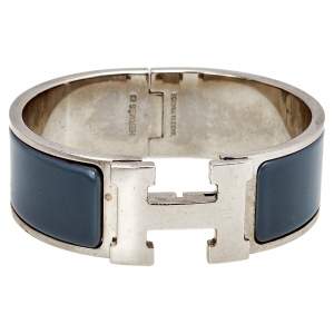 Hermès Clic Clac H Grey Enamel Palladium Plated Wide Bracelet