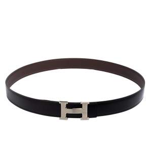 Pre Owned Hermes Black/Chocolate Chamonix and Togo Leather H Buckle Reversible Belt 110CM