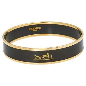 Hermès Caleche Black Enamel Gold Plated Bangle Bracelet 