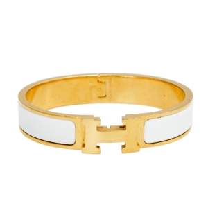 Pre Owned Hermes Clic H Gold Plated White Enamel Cuff Bracelet