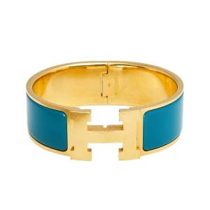 Hermès Clic Clac H Teal Enamel Gold Plated Wide Bracelet