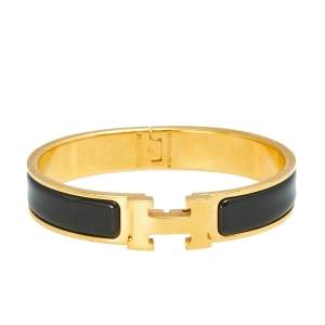 Hermès Clic H Black Enamel Gold Plated Narrow Bracelet PM