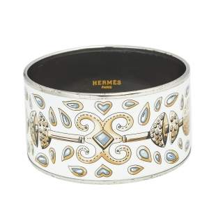Hermès White Tresors Retrouves Enamel Wide Bangle Bracelet