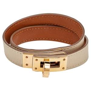 Hermes Beige Leather Gold Plated Kelly Double Tour Bracelet