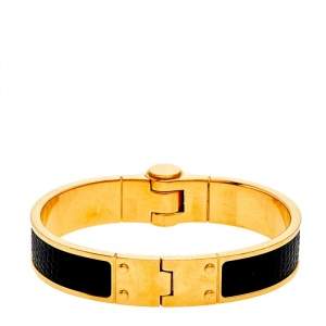 Pre Owned Hermès Black Lizard Leather Gold Plated Narrow Hinged Bracelet 