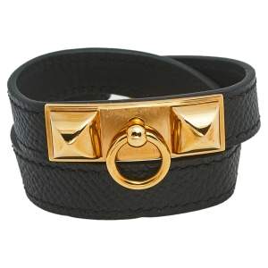 Hermès Rivale Black Leather Rose Gold Plated Double Tour Bracelet XS