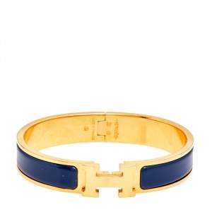 Pre Owned Hermes Clic H Gold Plated Blue Enamel Cuff Bracelet PM
