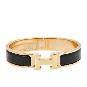 Hermes Clic H Gold Plate Black Enamel Cuff Bracelet PM