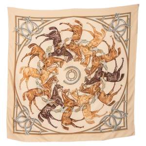 Pre Owned Hermes Beige La Ronde Des Jockeys Silk Square Scarf 