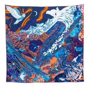 Pre Owned Hermès Blue Into The Canadian Wild Silk Scarf