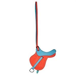 Pre Owned Hermes Orange Poppy/Blue Jean Swift Leather Paddock Selle Saddle Bag Charm