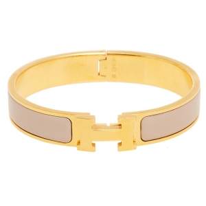 Pre Owned Hermès Clic H Beige Enamel Gold Plated Narrow Bracelet