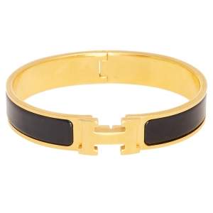 Pre Owned Hermes Clic H Gold Plated Black Enamel Cuff Bracelet PM