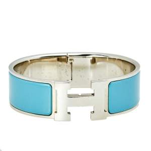 Pre Owned Hermès Clic Clac H Blue Enamel Palladium Plated Wide Bracelet