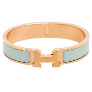 Pre Owned Hermes Lagoon Blue Enamel Gold Plated Clic H Bracelet 