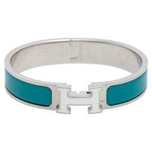 Pre Owned Hermes Blue Enamel Palladium Plated Clic H Bracelet