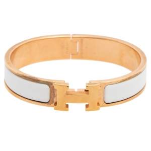 Pre Owned Hermes White Enamel Gold Plated Clic H Bracelet