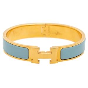 Pre Owned Hermes Blue Enamel Gold Plated Clic H Bracelet