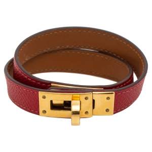 Pre Owned Hermes Red Epsom Leather Gold Plated Double Wrap Kelly Bracelet