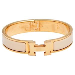 Pre Owned Hermès Clic H Cream Enamel Rose Gold Plated Narrow Bracelet