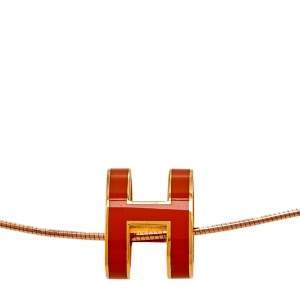 Pre Owned Hermès Rose Gold Plated Omega Chain Orange Lacquer Pop H Pendant Necklace