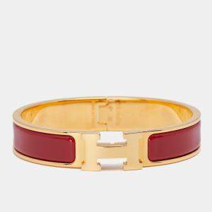 Pre Owned Hermès Clic H Red Enamel Gold Plated Narrow Bracelet