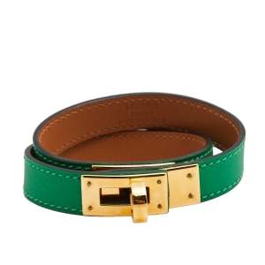Pre Owned Hermes Green Leather Gold Plated Kelly Double Tour Bracelet