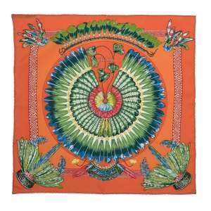 Pre Owned Hermes Orange Brazil Silk Square Scarf