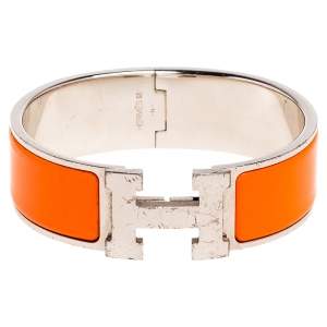Pre Owned Hermès Clic Clac H Orange Enamel Palladium Plated Wide Bracelet