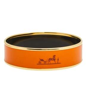 Pre Owned Hermès Caleche Orange Enamel Gold Plated Bangle Bracelet