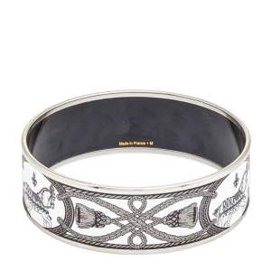 Pre Owned Hermès White Grand Apparat Enamel Palladium Plated Wide Bangle Bracelet M