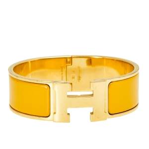 Pre Owned Hermès Clic Clac H Yellow Enamel Gold Plated Wide Bracelet