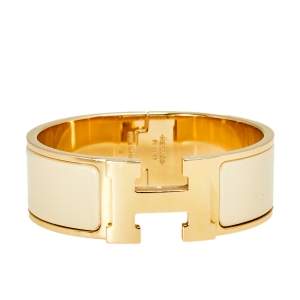 Pre Owned Hermès Clic Clac H Cream Enamel Rose Gold Plated Wide Bracelet