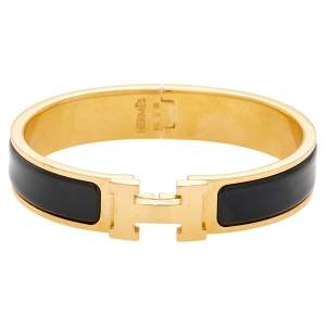 Pre Owned Hermes Clic H Black Enamel Gold Tone Metal Bracelet PM