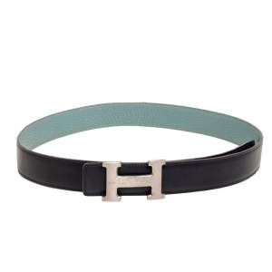 Pre Owned Hermes Ciel/Black Clemence and Box Leather H Buckle Reversible Belt 90CM