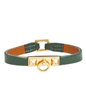 Pre Owned Hermès Green Leather Gold Plated Micro Rivale Bracelet S