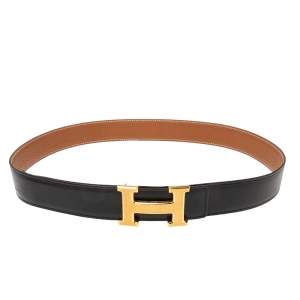 Pre Owned Hermes Black/Brown Box Calf and Togo Leather Guillochee Finish H Buckle Reversible Belt Size 90
