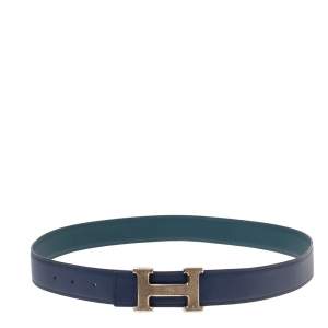 Pre Owned Hermes Bleu Encre/Colvert Epsom and Swift Leather Guillochee Finish H Reversible Buckle Belt 85CM