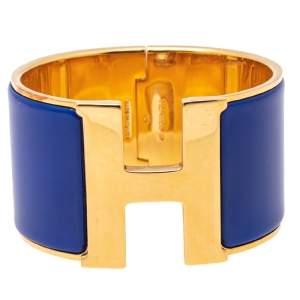 Pre Owned Hermès Clic Clac H Blue Enamel Gold Plated Extra Wide Bracelet PM