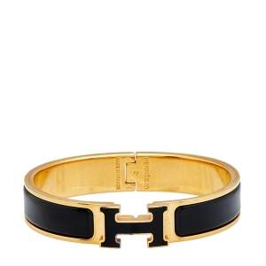Pre Owned Hermès Clic H Black Enamel Gold Tone Narrow Bracelet