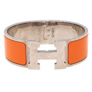 Pre Owned Hermès Clic Clac H Orange Enamel Palladium Plated Wide Bracelet PM