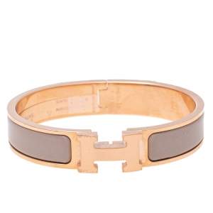 Pre Owned Hermes Clic H Marron Glacé Enamel Gold Tone Plated Cuff Bracelet PM