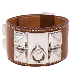 Pre Owned Hermes Collier De Chien Brown Leather Palladium Plated Metal Bracelet S