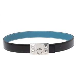 Pre Owned Hermes Bleu Jean/Black Chamonix and Togo Leather Collier De Chien Reversible Belt 85CM